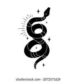 Vector black snake with mystical magic objects: moon and stars. Spiritual occultism symbols, tarot cards, esoteric objects.
