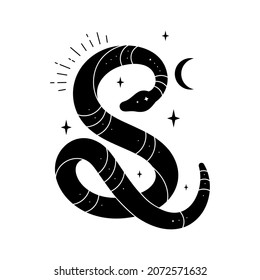 Vector black snake with mystical magic objects: moon and stars. Spiritual occultism symbols, tarot cards, esoteric objects.