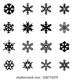 Vector black snowflake icon set.