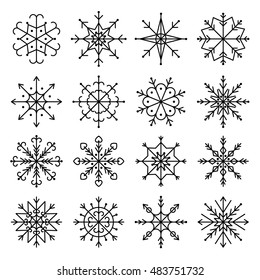 Vector black snowflake icon set. Line art Vector illustration isolated on white background
