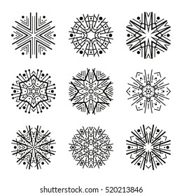 Vector black snowflake icons set on white background