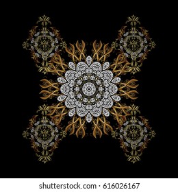 Vector black snowflakes on black background with golden and doodles elements. Abstract minimal background.