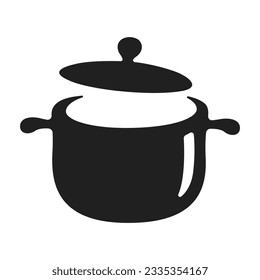vector black soup pot, kitchen utensils drawing on white background