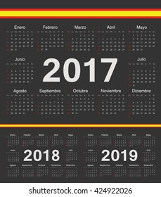 Vector black spanish circle calendars 2017, 2018, 2019. Week starts from Sunday.