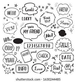 Vector black Speech bubbles drawn by hand in doodle style.