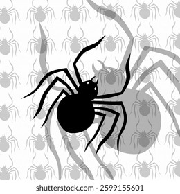 Vector black spider with shadow and black spider pattern
