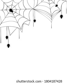 Vector - Black Spiderweb or cobweb and spiders on white background. Halloween concept. Can be use decorate any card, banner, poster. Copy space.
