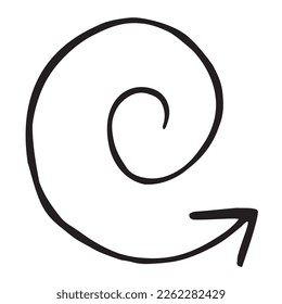 Vector black spiral arrow doodle style isolated on white background. Right pointer hand drawn illustration