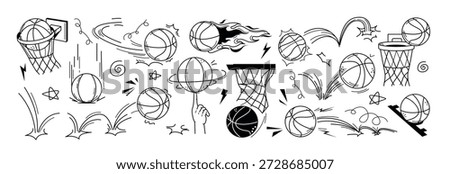 Vector black sport ball doodle illustration with motion and bounce line effects. Hand drawn hoop, net and basketball icons with flying movement, rebound and jump trajectory. Burning game equipment