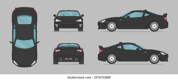 Vector black sport car. Side view, front view, back view, top view. Cartoon flat illustration, car for graphic and web