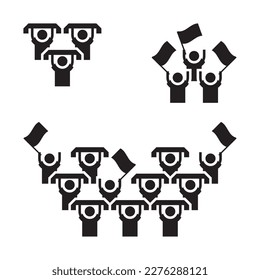 Vector black sport icons of fans with scarves and flags on white background.