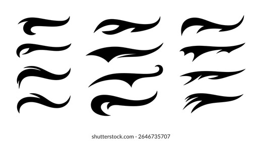 Vector black sport tails. Swoosh silhouette elements for baseball, football or athletics lettering. Baseball swoosh text tails. Sports underline curly shapes set. Swirl lines, swish or swash shapes.
