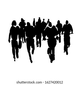 Vector black spot with watercolors in the form of a group of people. Hand-drawn watercolor illustration: silhouettes of a group of people in full growth. Crowd