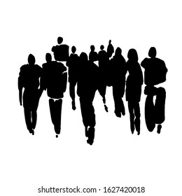 Vector black spot with watercolors in the form of a group of people. Hand-drawn watercolor illustration: silhouettes of a group of people in full growth. Crowd