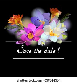 Vector black square composition with gentle bright freesia flowers and invitation text Save the date.