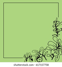 Vector black square frame with berries and leaves isolated on colorful background.