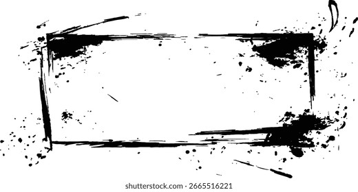 Vektorschwarzer quadratischer Grunge-Rahmen auf transparentem Hintergrund. Ein rechteckiger Rahmen wird mit Pinselstrichen auf weißem Hintergrund gezeichnet.