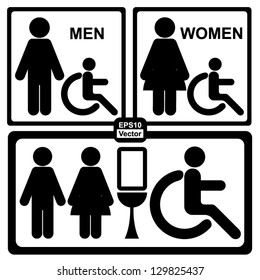 Vector : Black Square and Rectangle Toilet or Restroom With Men, Women and Handicap Sign Isolated on White Background