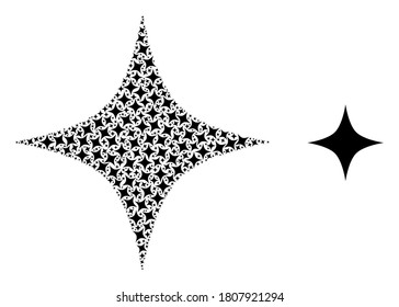 Vector black star collage is formed of random recursive black star parts. Fractal collage of black star.