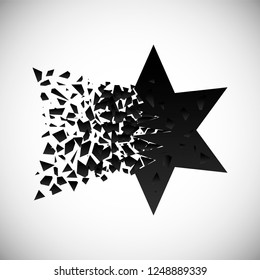 Vector of black star destruction shapes with debris isolated on vignette background. Explosion cloud of gradient geometric pieces. Abstract illustration.
