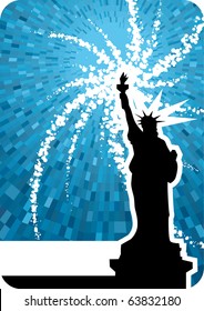 Vector black statue of liberty silhouette with blue shine background