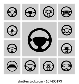 vector black steering wheel on white background