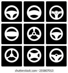 Vector black steering wheels icon set on black background.