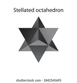 Octaedro estelado vectorial negro, también llamado Stella octangula y Polyhedra Hexagon, compuestos poliédricos geométricos sobre un fondo blanco con gradiente para juego, icono, diseño de empaque o logotipo.