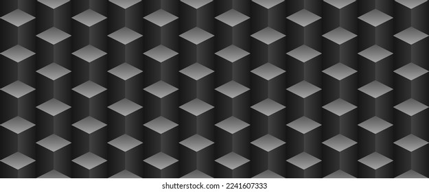 Vector black steps seamless pattern. Gray square repeat background. Dark qube effect horizontal banner. Geometric graphite blocks texture. Simple flooring tile design in isometry