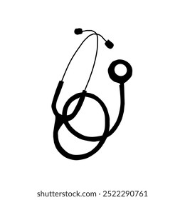Vector Un estetoscopio negro con auriculares y una pieza de pecho se enrolla sobre un fondo blanco.