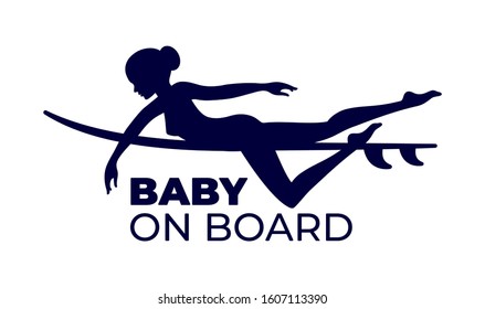 Vector black sticker Baby on board. Silhouette of a surfer. Isolated on white background.