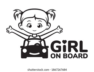 Vector black sticker. Car symbol with sitting little girl. Inscription: Girl on board. Isolated on white background.