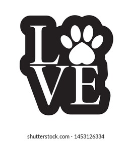 Vector black sticker logo love with animal footprint. Isolated on white background