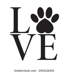 Vector black sticker logo love with animal footprint. Isolated on white background