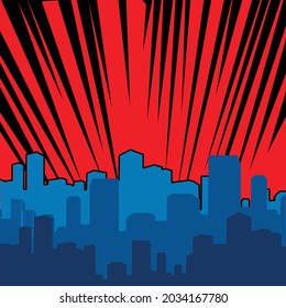 Vector of black streaked red sky over blue city buildings. graphic decor print design, superhero and comic book concept digitally generated image.