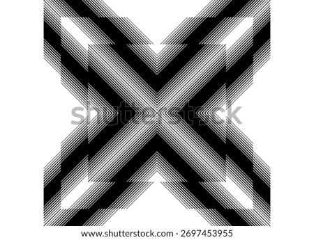 Vector black striped letter X on a white background. Modern design element from strict broken shapes. Technological pattern from halftone lines. Vector background