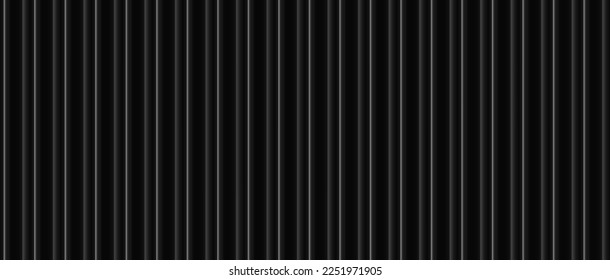 Vector black striped metal wall texture. 3d gray linear grooved plastic siding seamless pattern. Line structure metallic urban fence background. Iron dark roofing tile horizontal banner. Facade vinyl