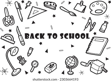 Vector black stripes on white background line drawing about students in school Tools for students and teachers to use in school educational presentation materials.