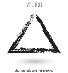 Vector black stroke  triangle painted by dry brush. Hand drawn symbol isolated on white background. Soft shadow, Textured element, Ink.