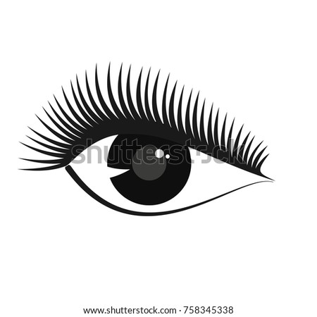 Vector black stylized woman eye symbol with long eyelashes, pupil. Beautiful girl eye with lashes logo for beauty salon advertising, template