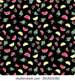 Vector Black Summer fruits doodle background pattern