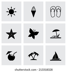 Vector black summer icons set on grey background