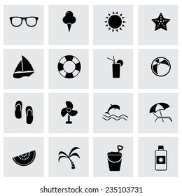 Vector black summer icons set on grey background