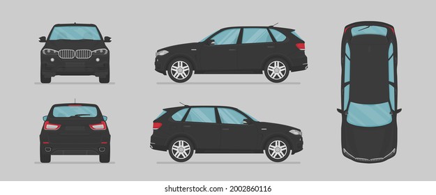 Vector black suv car. Side view, front view, back view, top view. Cartoon flat illustration, car for graphic and web