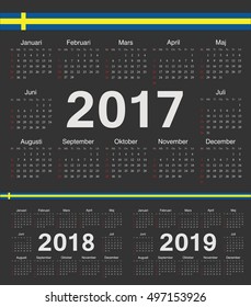 Vector black Swedish circle calendars 2017, 2018, 2019. Week starts from Sunday.