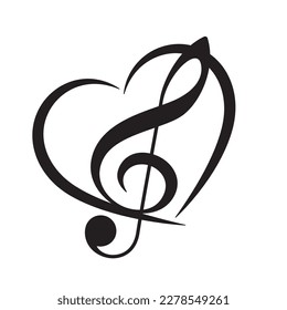 Vector black symbol of heart and treble clef. Isolated on white background.