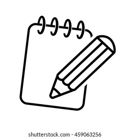 Vector black symbol of notepad. Icon of pencil with writing pad. Line design.