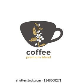 Vector black symbol. Shape of cup, coffee tree, branch, bean on white background. Realistic nature design. Aroma plant, tropical drink Simple logo. Organic sticker for cafe, menu Natural organic food 