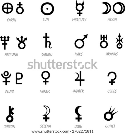Vector black symbols of planets and astrological objects such as Earth, the Sun, Mercury, the Moon, Neptune, Saturn, Mars, Uranus, Pluto, Venus, Jupiter, Ceres, Chiron, Selene,Lilith, and a comet. 