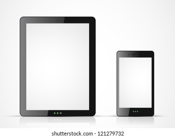 Vector black tablet pc and mobile phone on white background